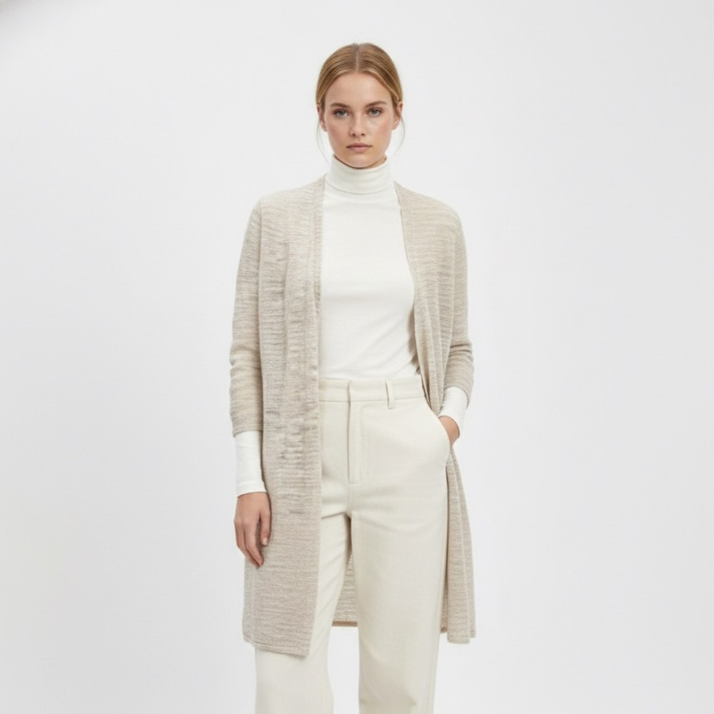Eileen Fisher Beige Linen Blend Open Front Long Cardigan Sweater Size XL